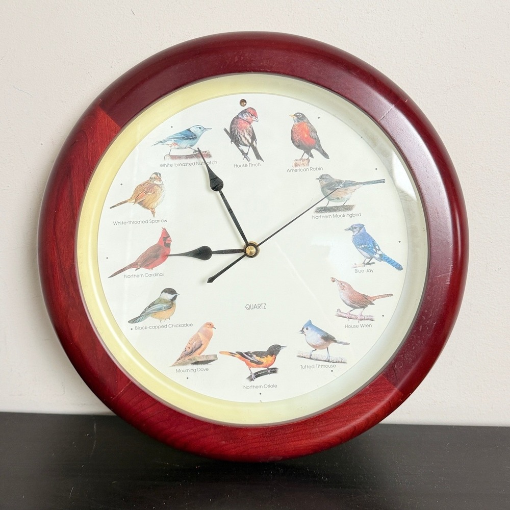 Vintage Singing Birds Quartz Wall Clock Cherry Wood Frame North American Bird